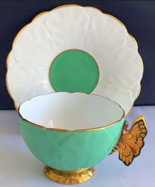 Very Rare Antique Aynsley Tulip Butterfly Handle Cup & Saucer Set Green