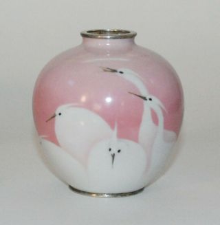 Rare Pink Japanese Cloisonne Enamel Vase Of A Group Of Cranes - Pictured In Book