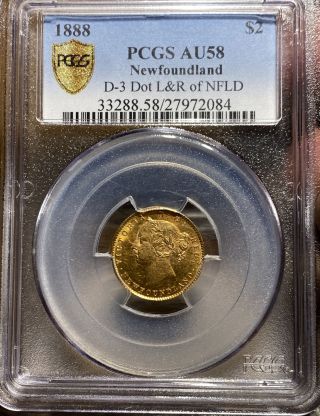 1888 Newfoundland $2 Gold Pcgs Au58 D - 3 Dot L&r Of Nfld Rare Gold