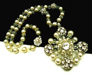 Huge Rare Vintage Signed Miriam Haskell Pearl Rhinestone 21 " X3 - 1/2 " Necklace A58