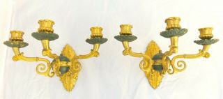 Antique 2x French Empire Pair Sconce Triple Rare Candlesticks Gilded Bronze 19th