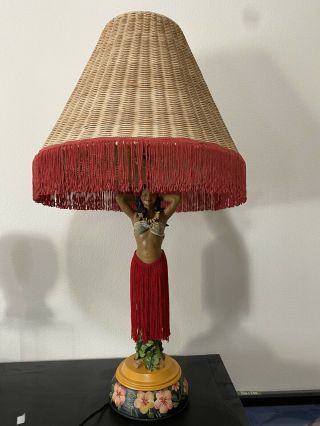 Vintage Rare Hula Girl Lamp 31” With Rattan Tassel Lamp Shade