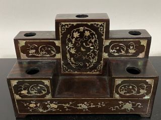 Antique Rare Chinese Carved Wood Mother Of Pearl Inlaid Stand Holder Vase Box