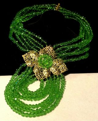 Rare Vintage Early Miriam Haskell Gilt Filigree Green Glass 16 " X5 " Huge Necklace