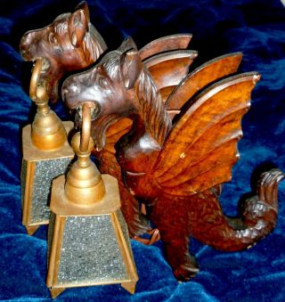 Pair Fantastic Rare French Antique Carved Wood Sconces Winged Dragons Griffons