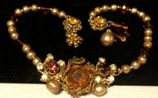 Rare Vtg 16 " Signed Miriam Haskell Gilt Pearl Amber Glass Rhinestone Necklace