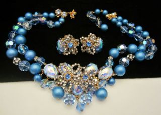Rare Vintage Signed Demario Gilt Blue Crystal Rhinestone Necklace Earrings Set