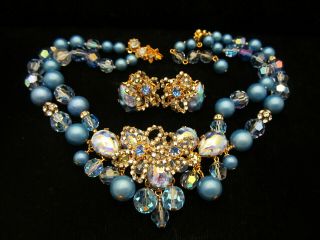 Rare Vintage Signed DeMario Gilt Blue Crystal Rhinestone Necklace Earrings Set 2