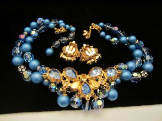 Rare Vintage Signed DeMario Gilt Blue Crystal Rhinestone Necklace Earrings Set 3