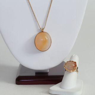 Rare Vintage Solid 14k Gold & Fire Opal Ring,  Pendant,  Chain Set,  24.  2 G,  Exc