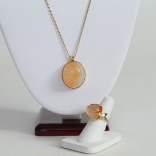 RARE VINTAGE SOLID 14K GOLD & FIRE OPAL RING,  PENDANT,  CHAIN SET,  24.  2 g,  EXC 2