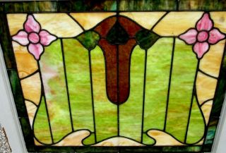 Rare Antique Arts & Crafts Stained Glass Window W/flowers & Leaves Estate 299