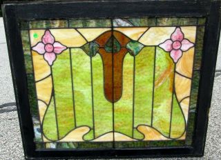 RARE ANTIQUE ARTS & CRAFTS STAINED GLASS WINDOW W/FLOWERS & LEAVES ESTATE 299 2