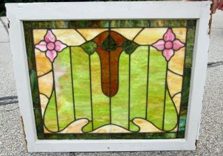 RARE ANTIQUE ARTS & CRAFTS STAINED GLASS WINDOW W/FLOWERS & LEAVES ESTATE 299 3