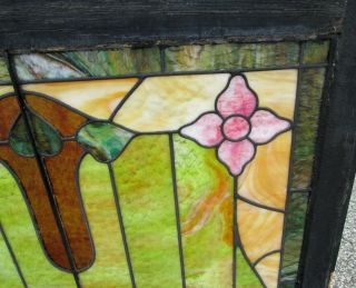 RARE ANTIQUE ARTS & CRAFTS STAINED GLASS WINDOW W/FLOWERS & LEAVES ESTATE 299 4
