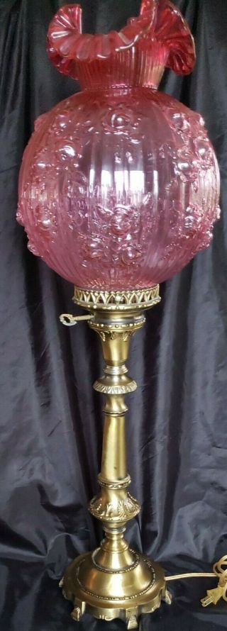 Rare Fenton Cranberry Glass Cabbage Rose Pattern Xl Banquet Lamp 33 " Gorgeous