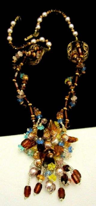 Rare Vintage Signed Miriam Haskell Amber Glass Blue Crystal Pearl Necklace A42
