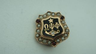Antique 14k Yellow Gold Diamond Rubies Omega Psi Phi Black Fraternity Pin - Rare