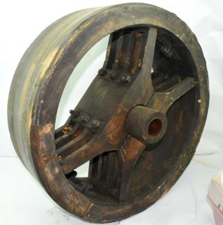 Large Antique 24 " Wood Flat Belt Pulley Wheel - Primitive Farm Industrial Rare