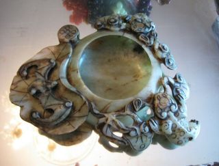 Rare Chinese Large Antique 19th C.  Hand Carved Jade Stone Brush Washer Pot