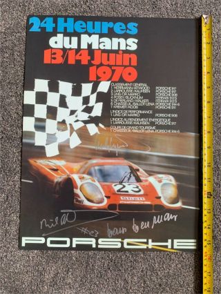 Rare Porsche Le Mans 1970 Racing A3 Poster Signed Attwood Herrmann Haywood