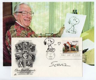 Charles Schulz - Rare Hand Drawn & Autographed Snoopy Sketch On 