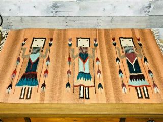 Vintage Hand Woven Navajo Yei Rug 38 " X 23 " With Wall Mount Attached Rare