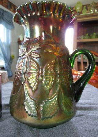 Rare Fenton Green Carnival Glass Butterfly And Fern Water Pitcher