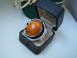 Vintage Modernist Solid Sterling Silver Butterscotch Amber Ring Size O 7 Rare