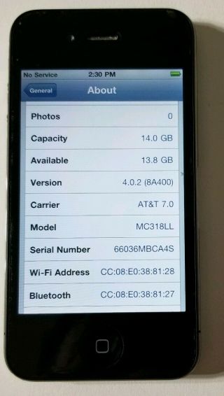Apple iPhone 4 - 16GB - (AT&T) A1332 (GSM) - RARE IOS 4.  0.  2 - 10/10 IMEI 3