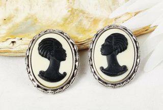Rare Coreen Simpson Black Cameo Pierced Earrings Silver Tone Shell Trim African