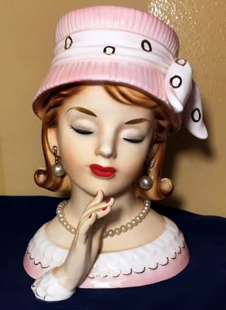Rare Vintage Relco Head Vase W/ Hand Pink Hat Pearl Necklace Earrings Redhead 7 "