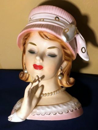 RARE Vintage RELCO HEAD VASE w/ HAND Pink Hat Pearl Necklace Earrings REDHEAD 7 
