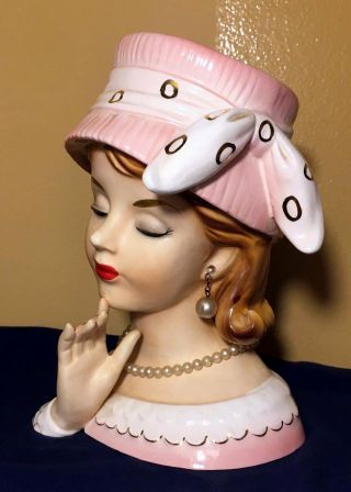 RARE Vintage RELCO HEAD VASE w/ HAND Pink Hat Pearl Necklace Earrings REDHEAD 7 
