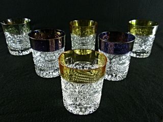 Rare Antique Baccarat Flawless Crystal 6 X Whiskey Tumbler W/ Colored Wide Bands