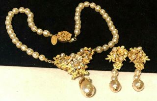 Rare Vintage Signed Miriam Haskell Gilt Pearl Rhinestone Necklace Earrings Set