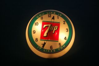 Rare Vintage 7up Round Lighted Clock In,  & Looks Great