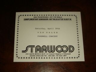 Ultra Rare Van Halen Concert Memorabilia 1977 Starwood Hollywood Backstage Pass