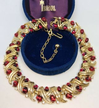 Rare Vintage Signed Trifari Alfred Philippe Ruby Cabochon & Pave Necklace