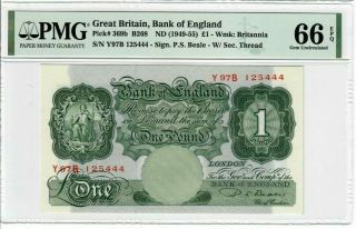 Great Britain 1 Pound Note 1949 - 55 Pick 369b Pmg Gem Unc 66 Epq - Beale - Rare