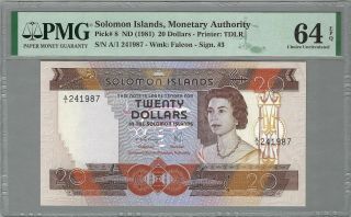 Solomon Islands 20 Dollars 1981,  P - 8 A/1 Prefix Pmg 64 Epq Ch Unc Rare Qeii Note