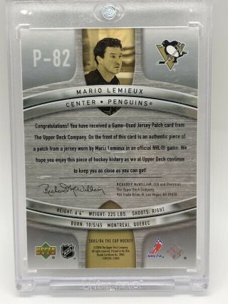 2005 06 The Cup Mario Lemieux Card 82 Game Patch Rare - Out Of 10 2