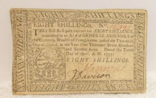 Rare 1777 - 8 Shillings Colonial Currency From Pennsylvania
