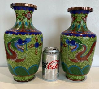 Pair Chinese Cloisonne Vase Imperial Red Dragon On Rare Lime Green Ground