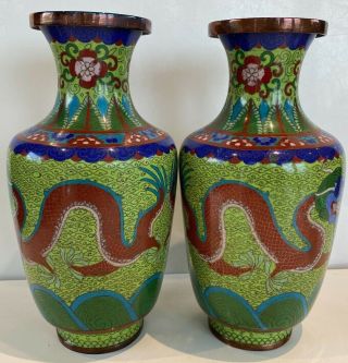 PAIR CHINESE CLOISONNE VASE IMPERIAL RED DRAGON ON RARE LIME GREEN GROUND 2