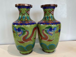 PAIR CHINESE CLOISONNE VASE IMPERIAL RED DRAGON ON RARE LIME GREEN GROUND 3