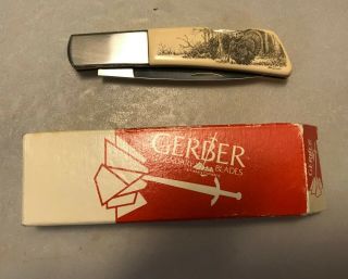 Gerber Silver Knight Knife With Scrimshaw Turkey - Rare W/ Box