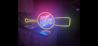 Miller Lite Beer Neon Electric Lighted Sign 50x20 Rare Vintage Baseball Mlb Bat