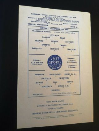 1960/1 Blackburn Rovers V Wrexham (league Cup Rare Single Sheet)
