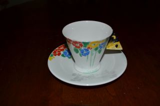 RARE SHELLEY ART DECO MODE TEA CUP&SAUCER FLOWERS WITH BUTTERFLY HANDLE 2